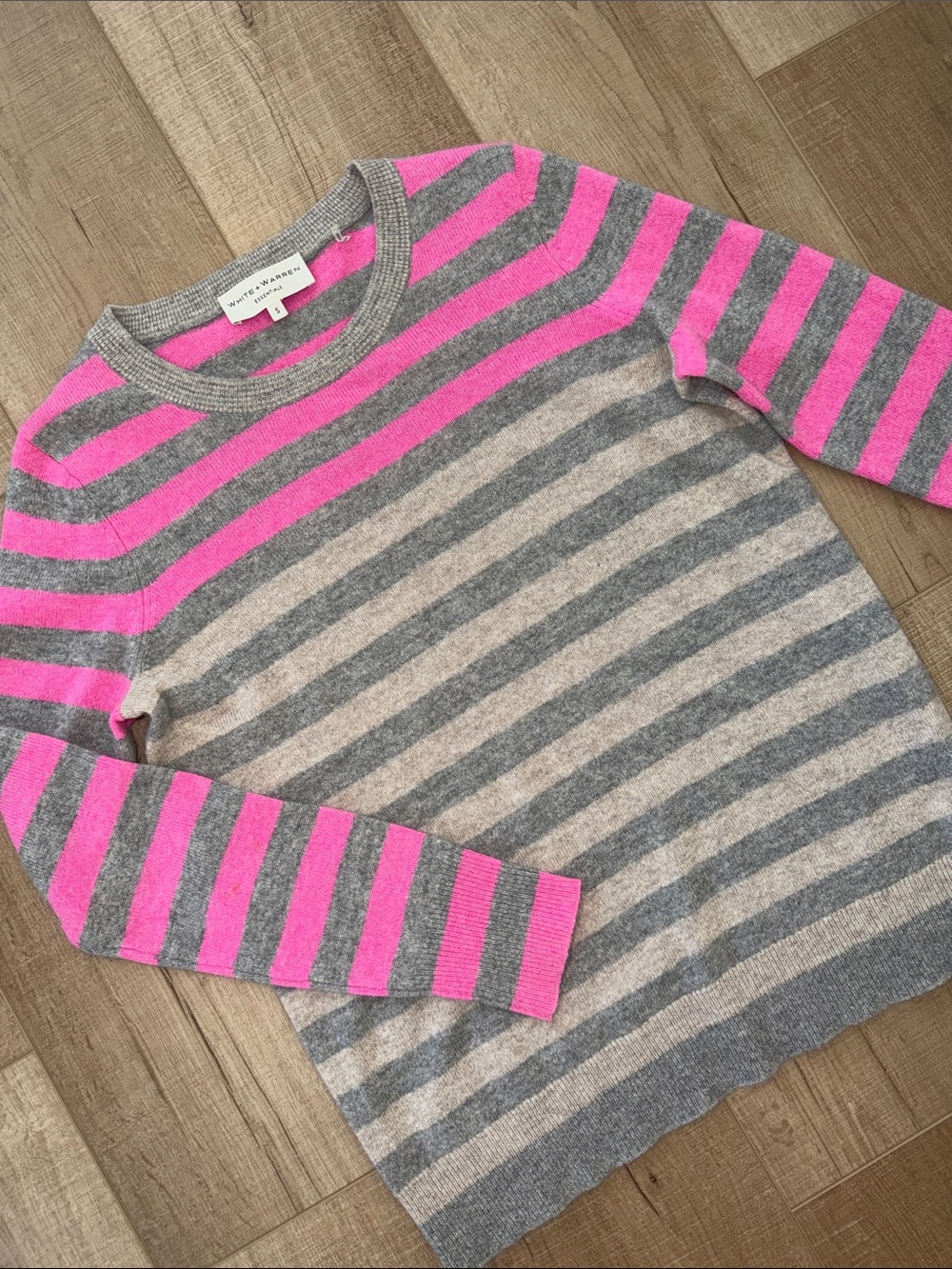 White + Warren Pink and Gray Stripe 100% Cashmere Crewneck Sweater-Small
